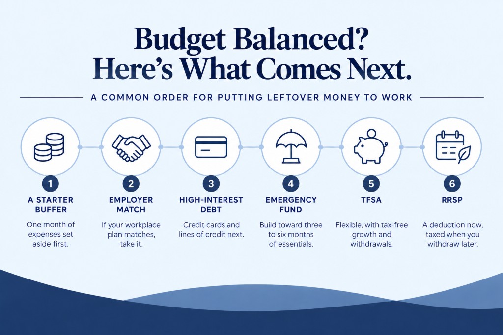 Infographic showing a common order for putting leftover money to work: a starter buffer, employer match, high-interest debt, emergency fund, TFSA, then RRSP
